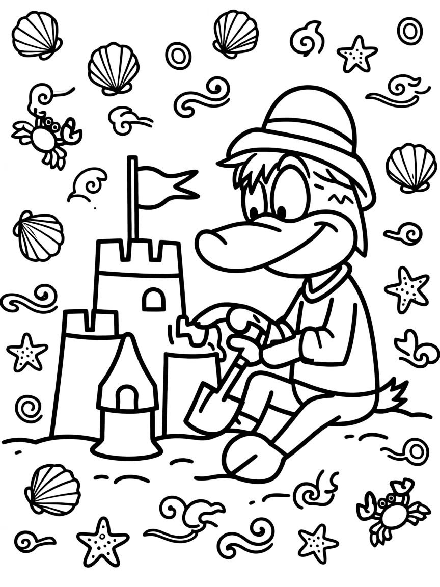 Perry the Platypus building a sandcastle, with playful patterns around.