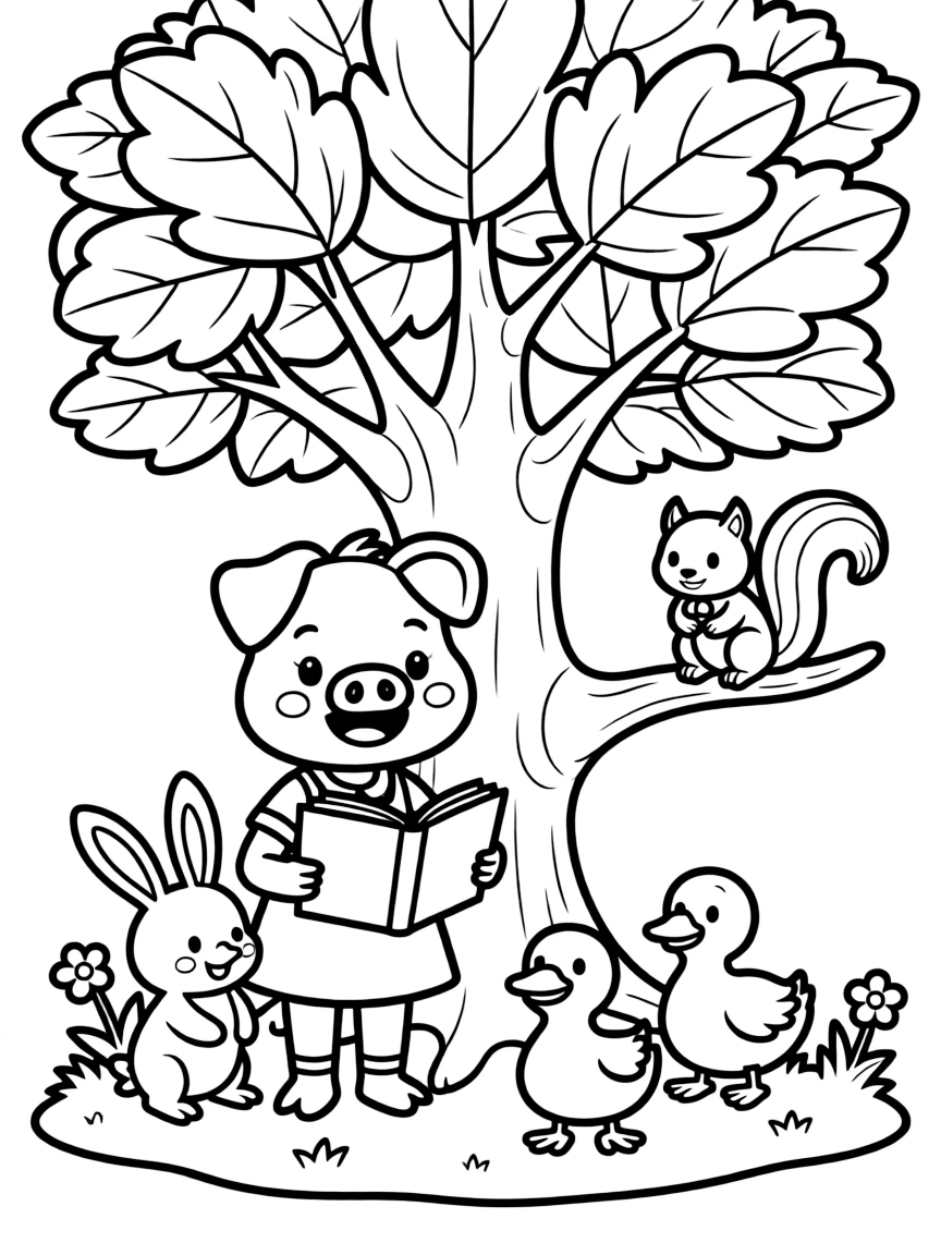 Peppa Pig reading a book under a tree, surrounded by friendly animals.