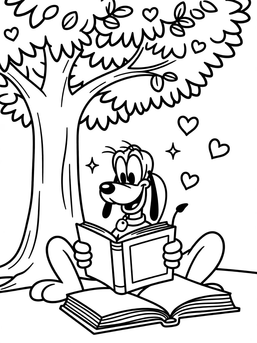 Pluto reading a book under a tree, with hearts and sparkles around.