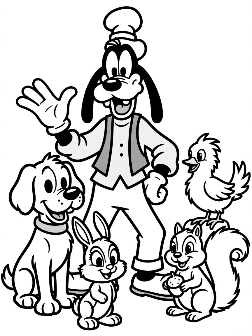 Goofy waving hello, surrounded by friendly animals.