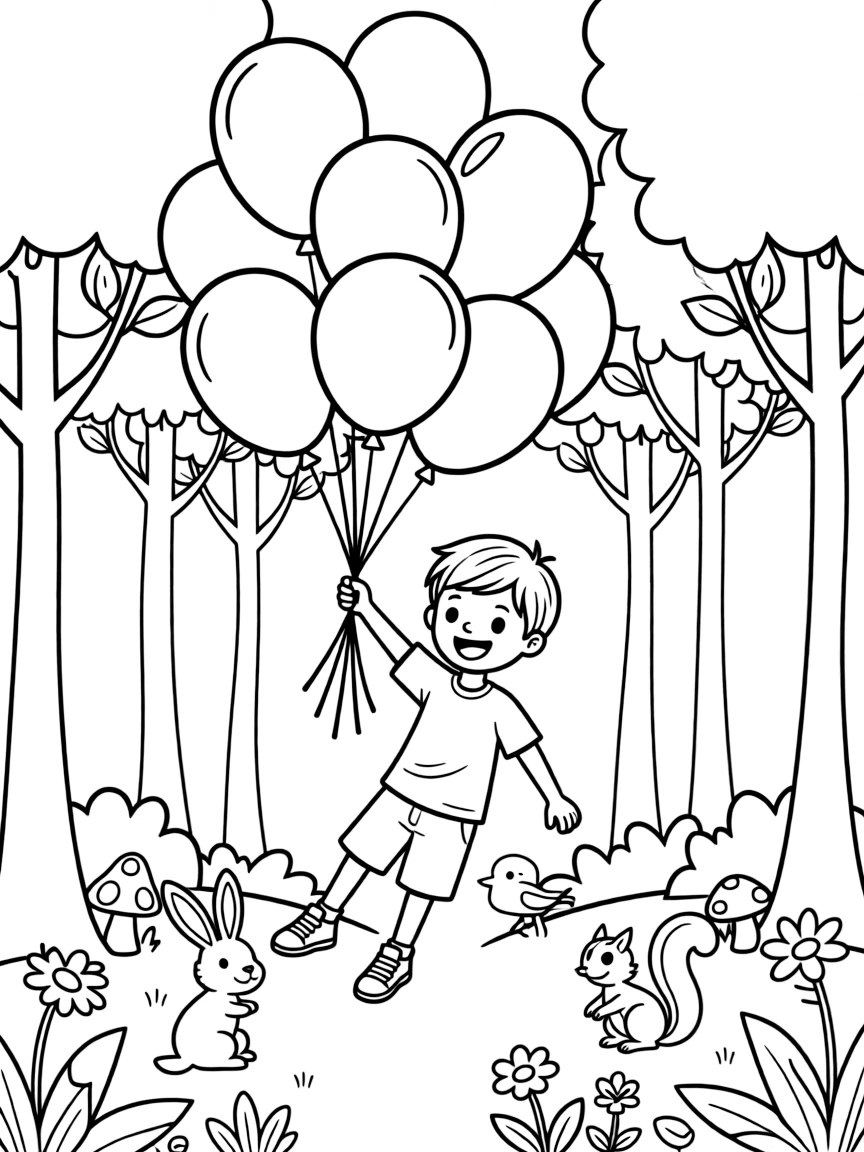 Arthur flying with balloons, in a magical forest setting.