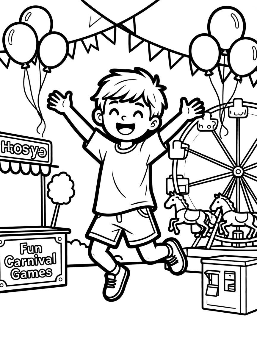 One Piece jumping with joy, at a carnival with colorful decorations.