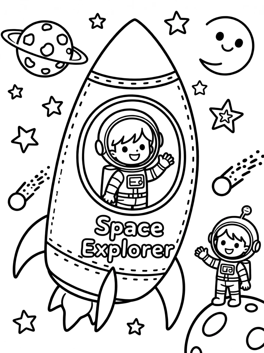 Sakura exploring space in a rocket, with fun background elements.