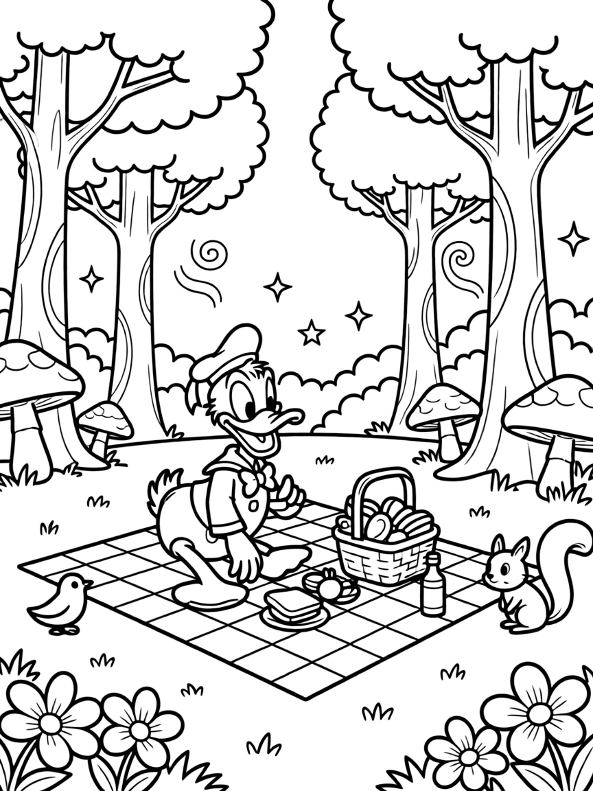 Donald Duck having a picnic, in a magical forest setting.