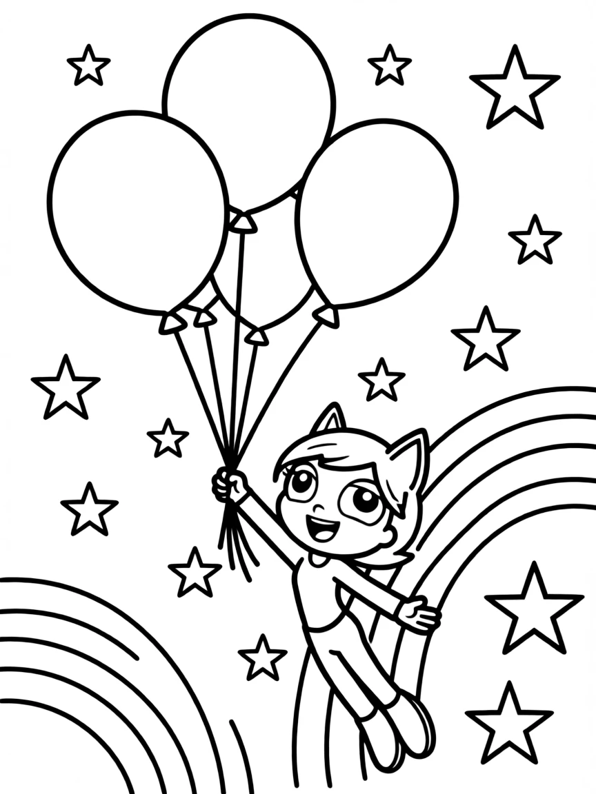 Kim Possible flying with balloons, with stars and rainbows in the background.