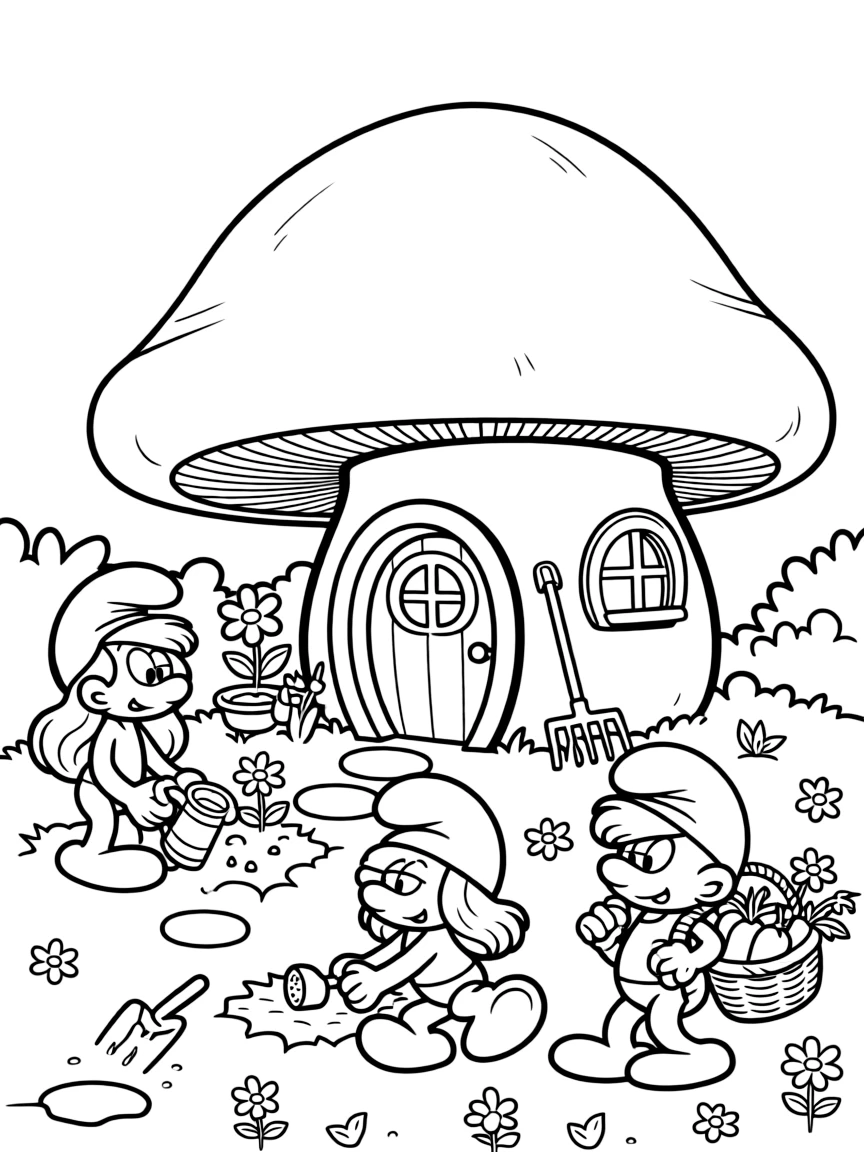 The Smurfs gardening, in front of their famous house or scene.