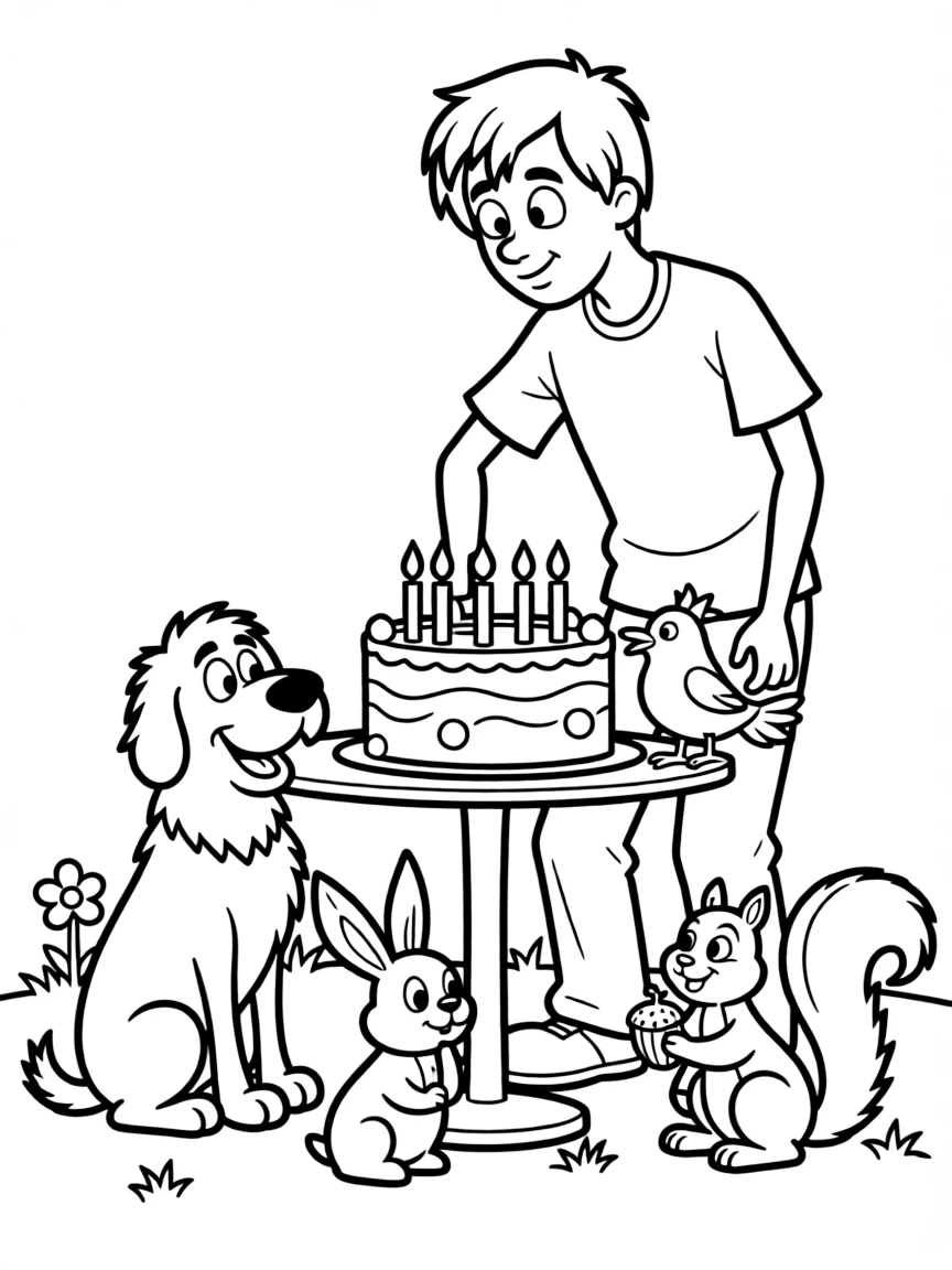 Shaggy Rogers celebrating a birthday, surrounded by friendly animals.