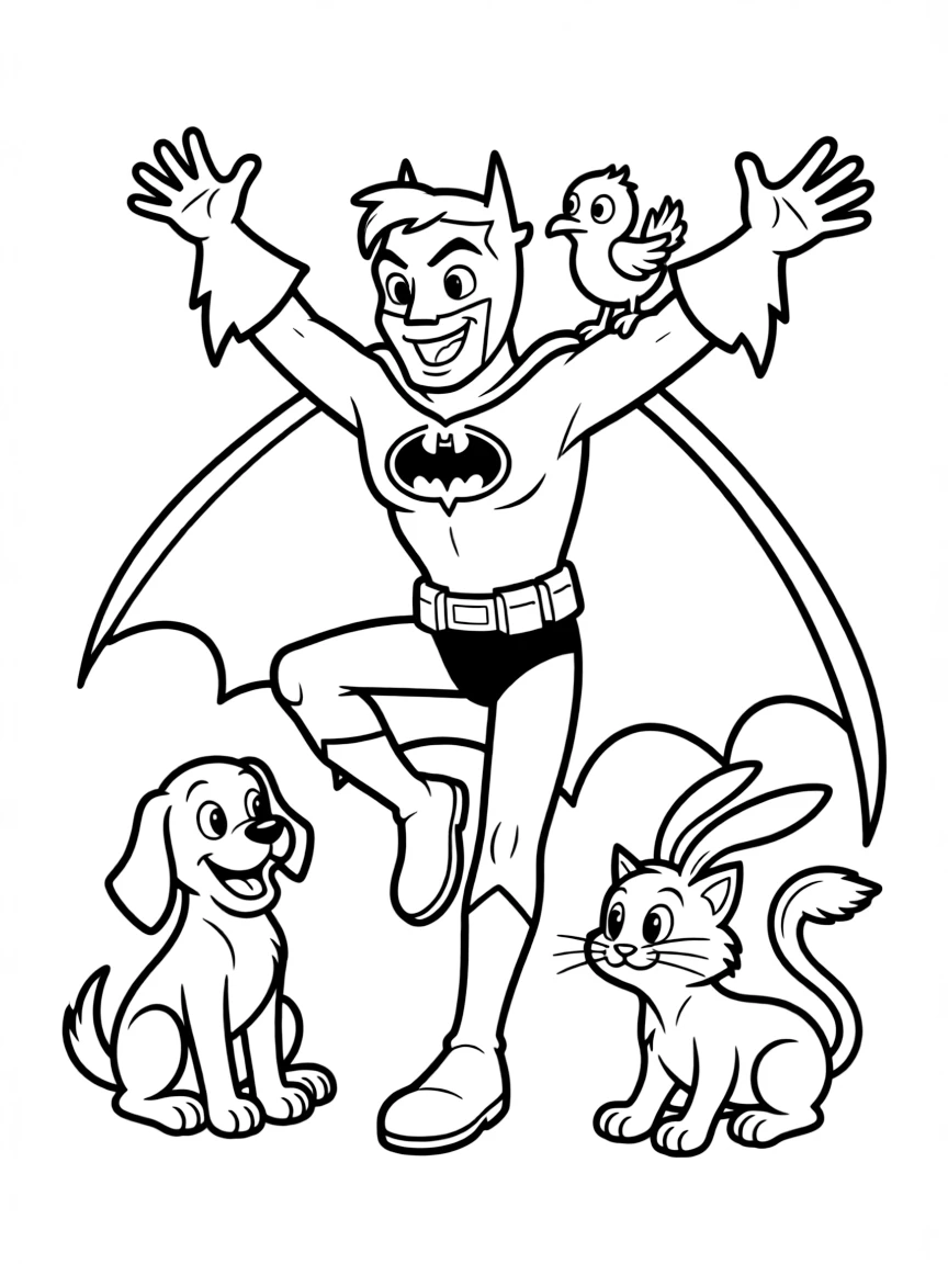 Batman: The Animated Series jumping with joy, surrounded by friendly animals.