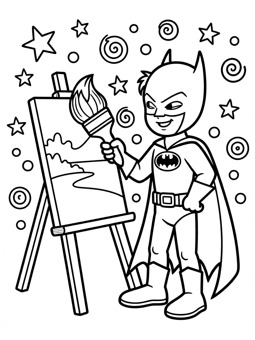 Batman: The Animated Series painting a picture, with playful patterns around.