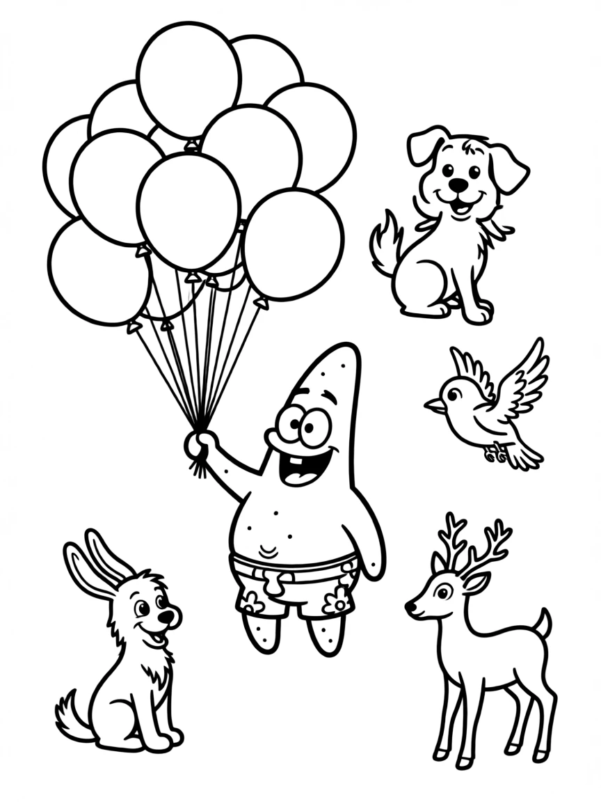 Patrick Star flying with balloons, surrounded by friendly animals.