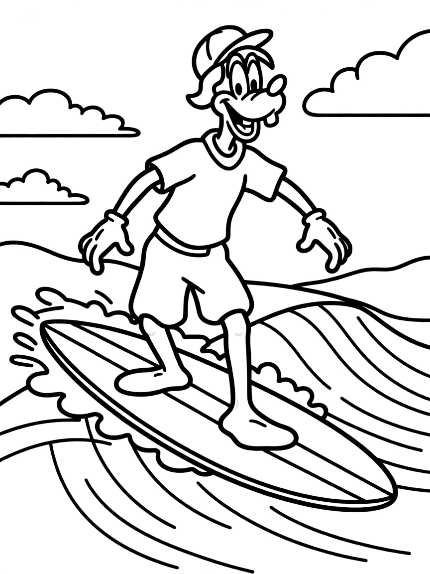 Goofy surfing on waves, with big bold outlines for easy coloring.