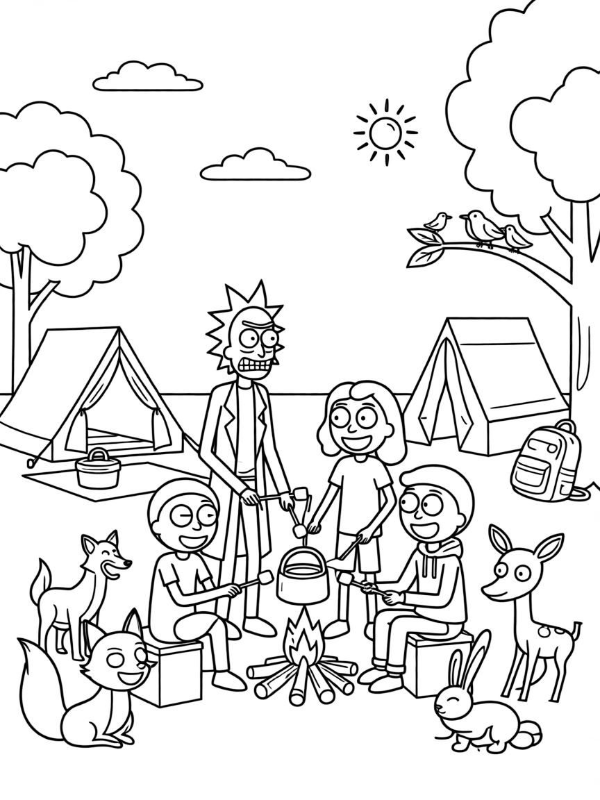 Rick and Morty camping with friends, surrounded by friendly animals.