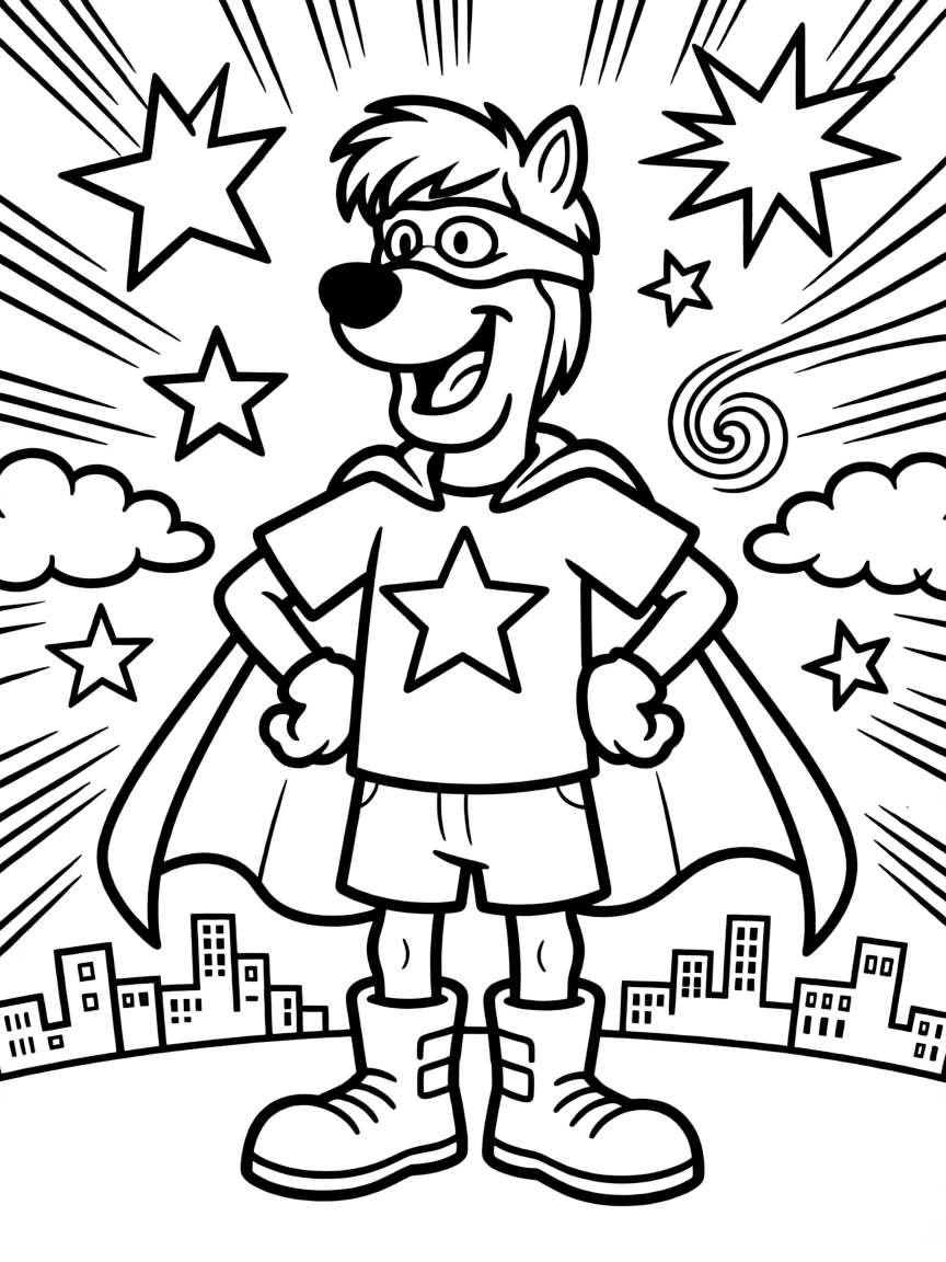 Shaggy Rogers wearing a superhero costume, with fun background elements.