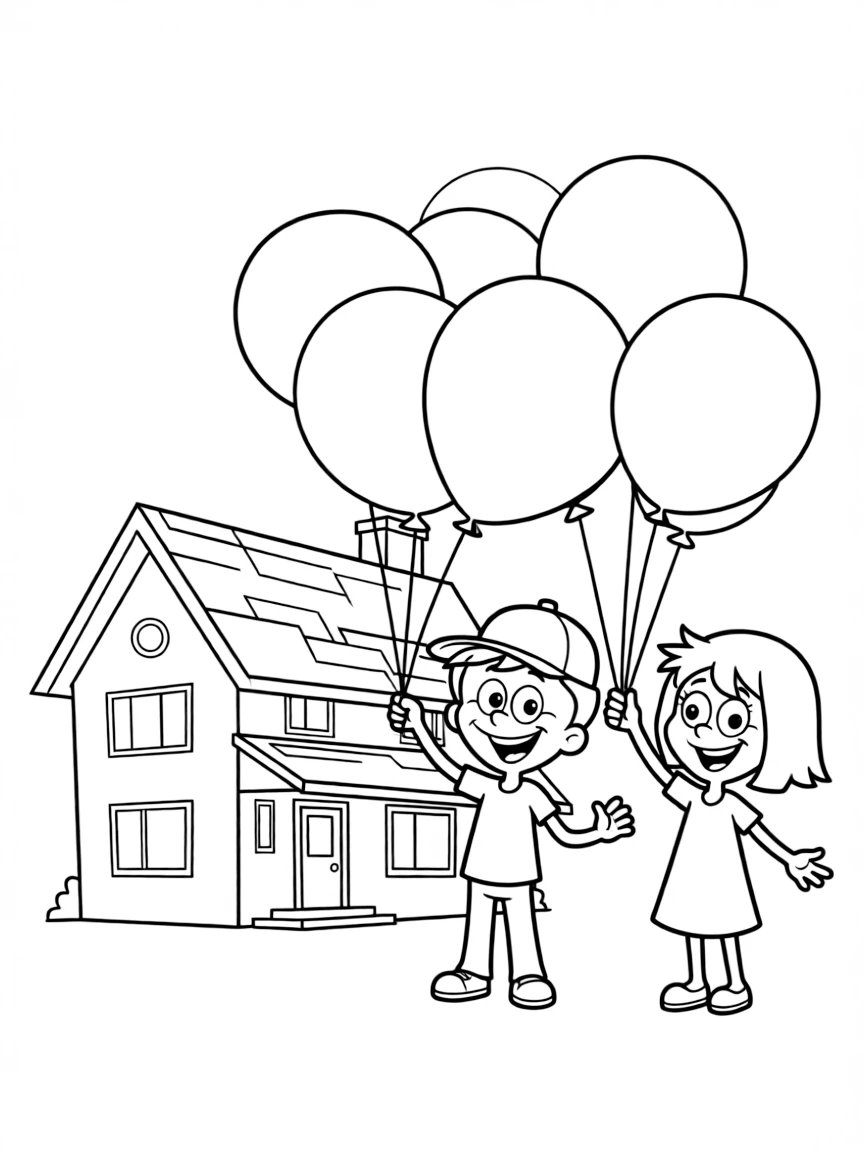 Fairly OddParents playing with balloons, in front of their famous house or scene.