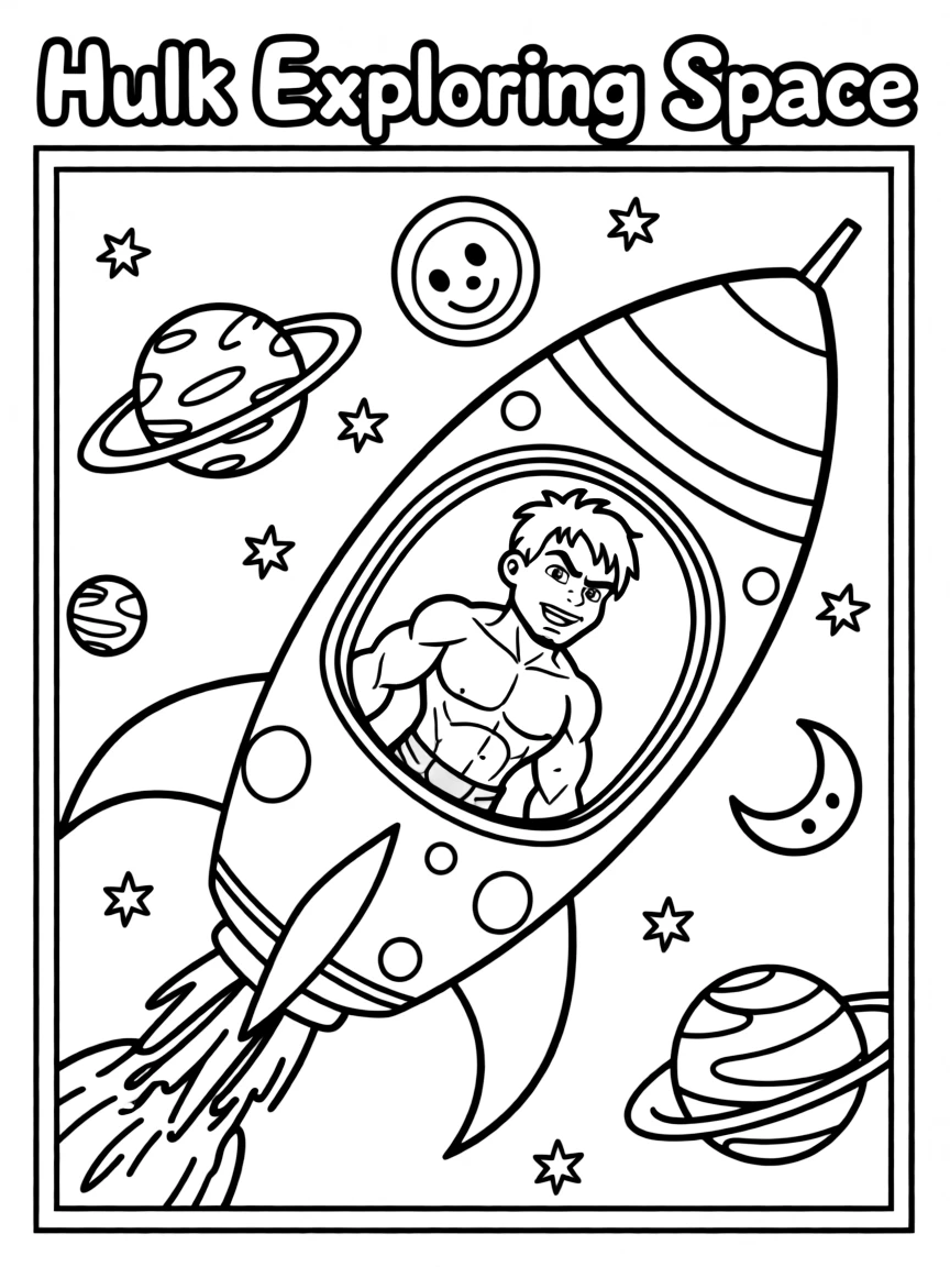 Hulk exploring space in a rocket, inside a comic book frame.