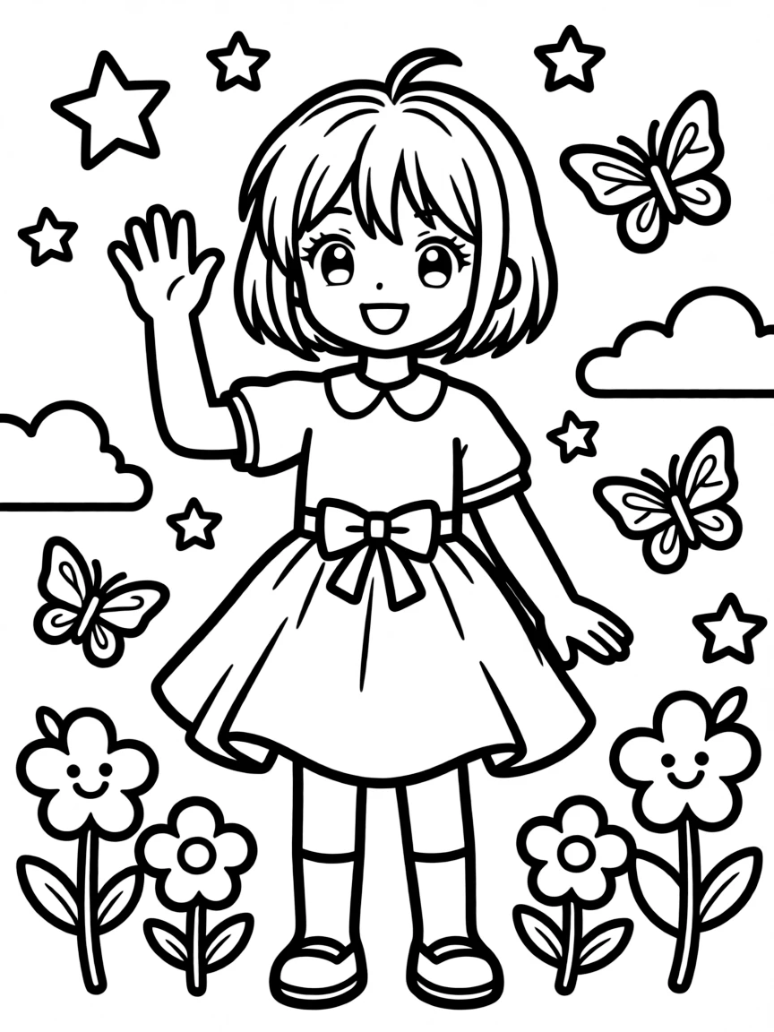 Sakura waving hello, with fun background elements.