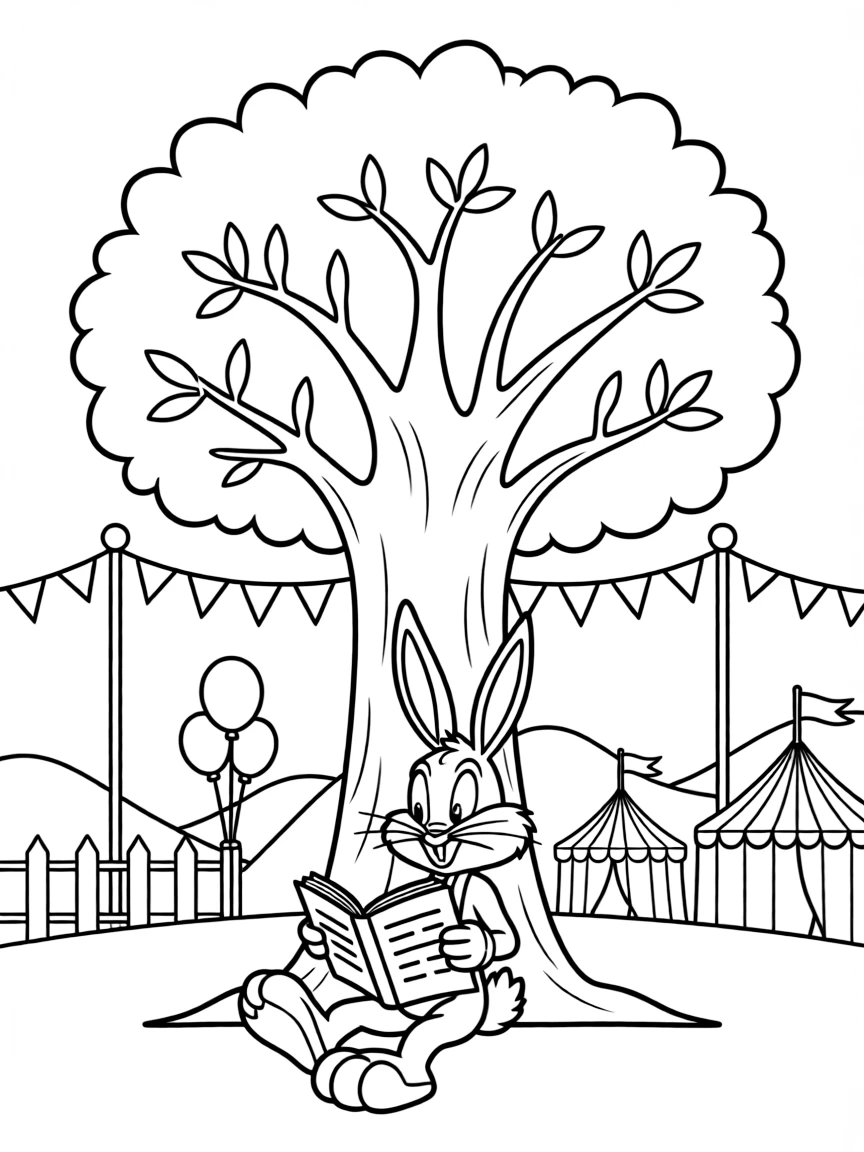 Bugs Bunny reading a book under a tree, at a carnival with colorful decorations.