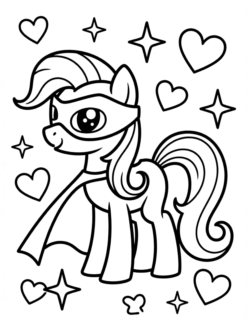 My Little Pony wearing a superhero costume, with hearts and sparkles around.