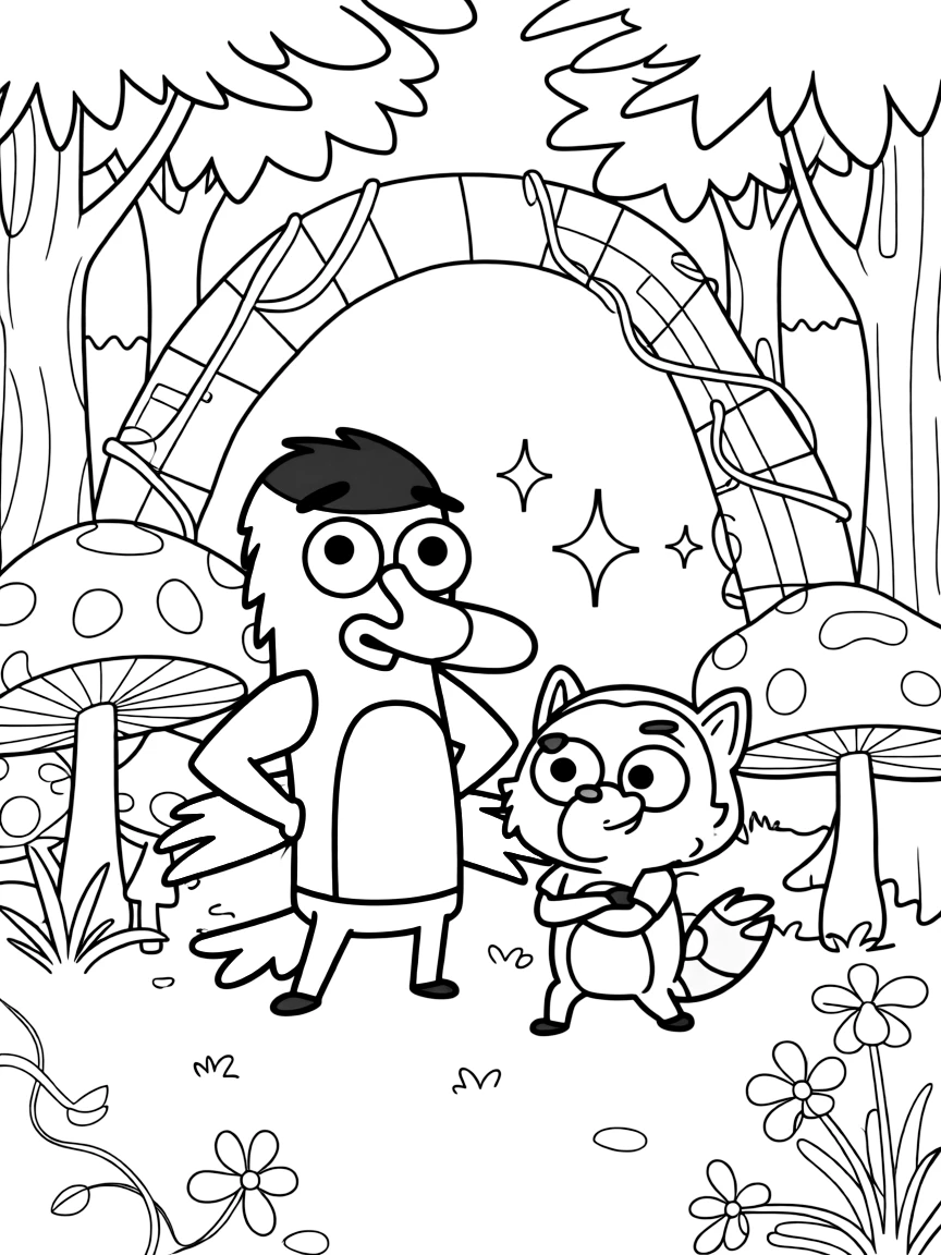 Regular Show posing heroically, in a magical forest setting.