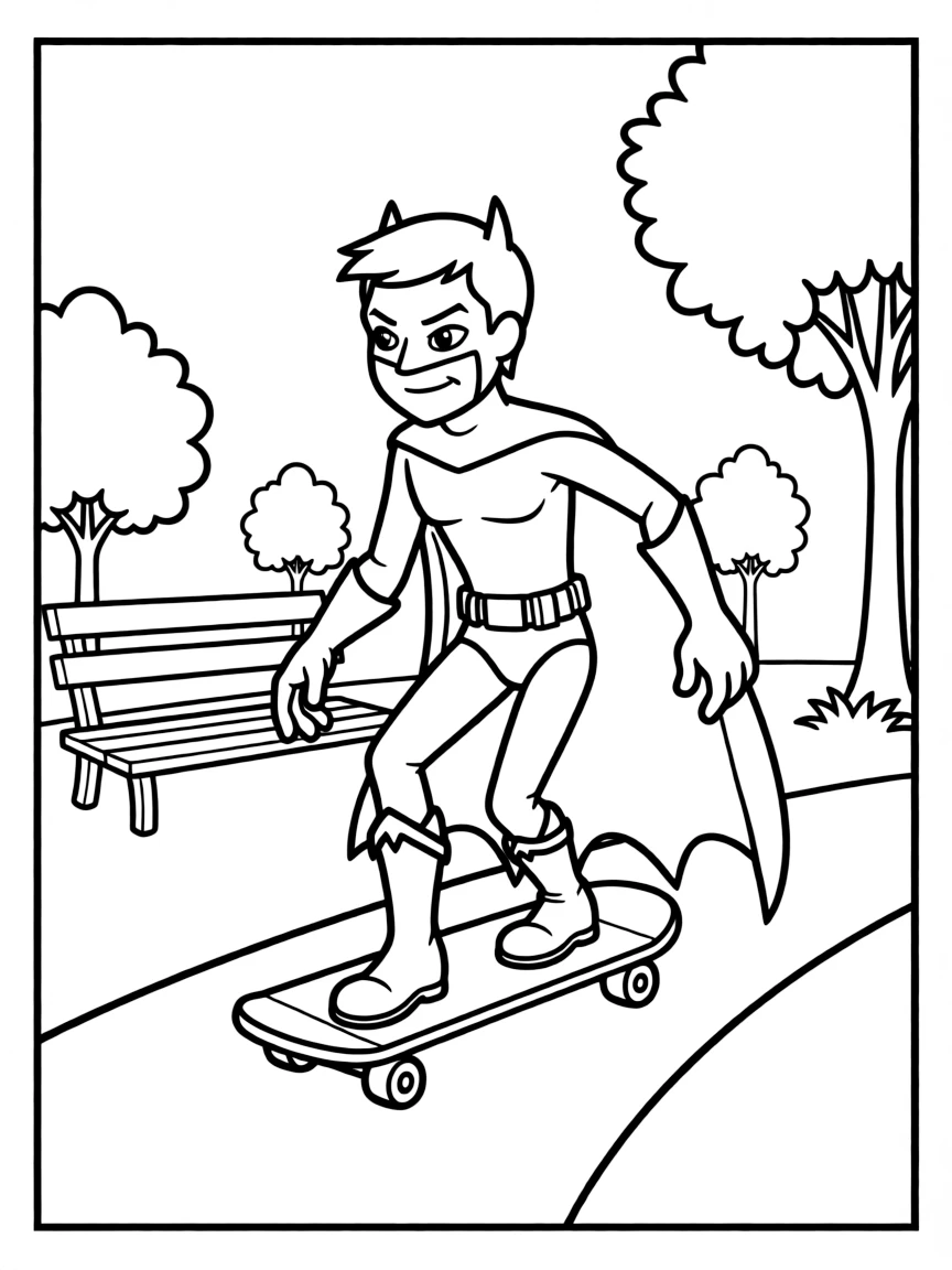 Batman: The Animated Series skateboarding in the park, inside a comic book frame.