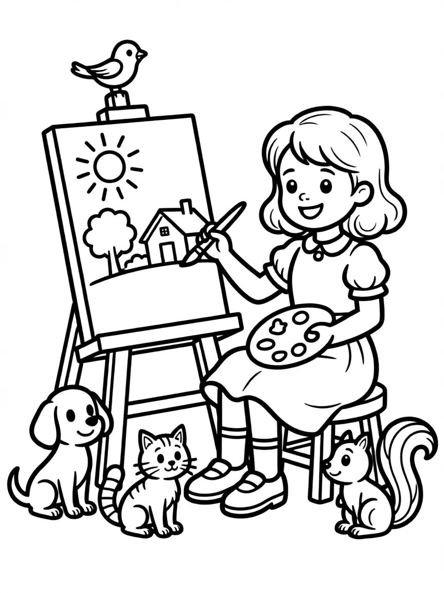 Barbie painting a picture, surrounded by friendly animals.