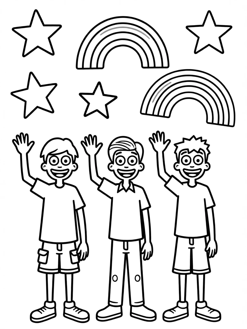 Ed, Edd n Eddy waving hello, with stars and rainbows in the background.