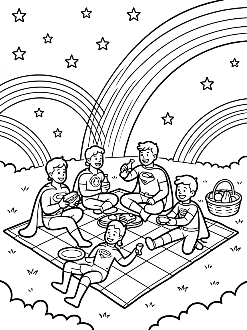 Justice League having a picnic, with stars and rainbows in the background.