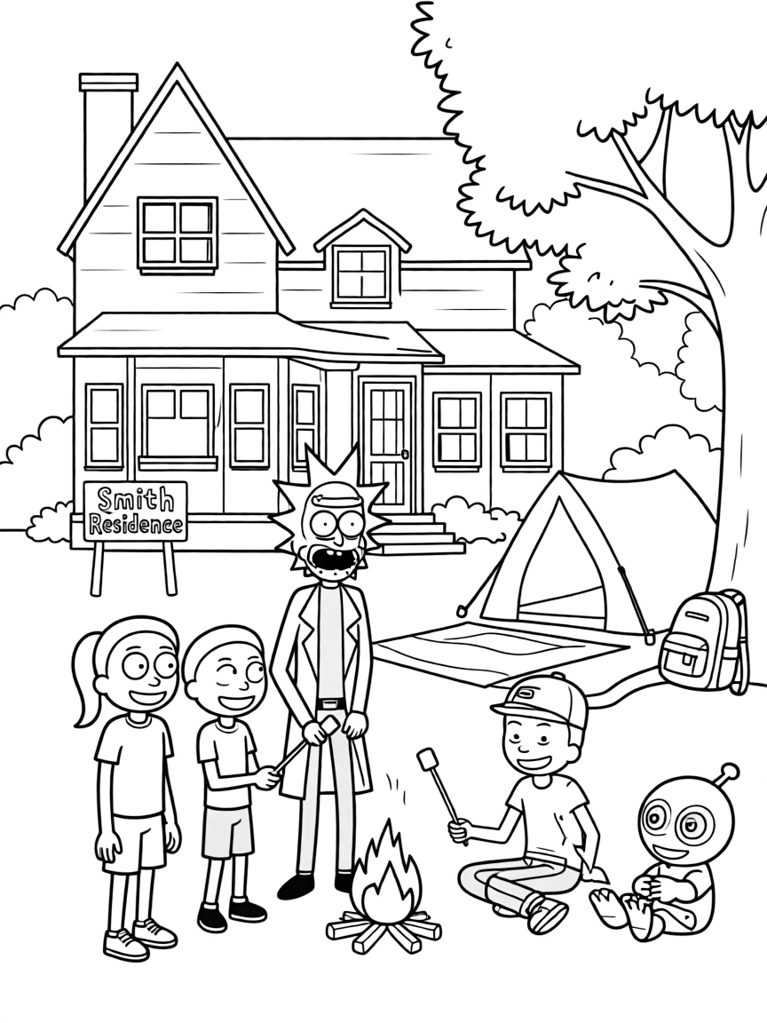 Rick and Morty camping with friends, in front of their famous house or scene.