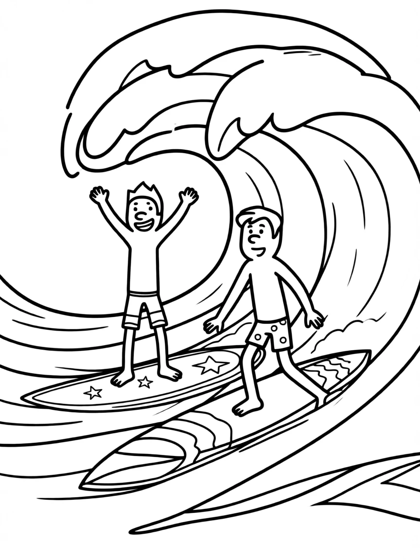 Phineas and Ferb surfing on waves, with big bold outlines for easy coloring.