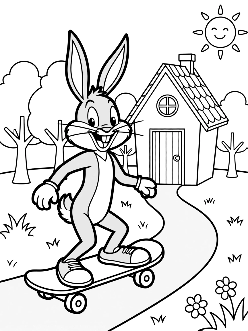 Bugs Bunny skateboarding in the park, in front of their famous house or scene.