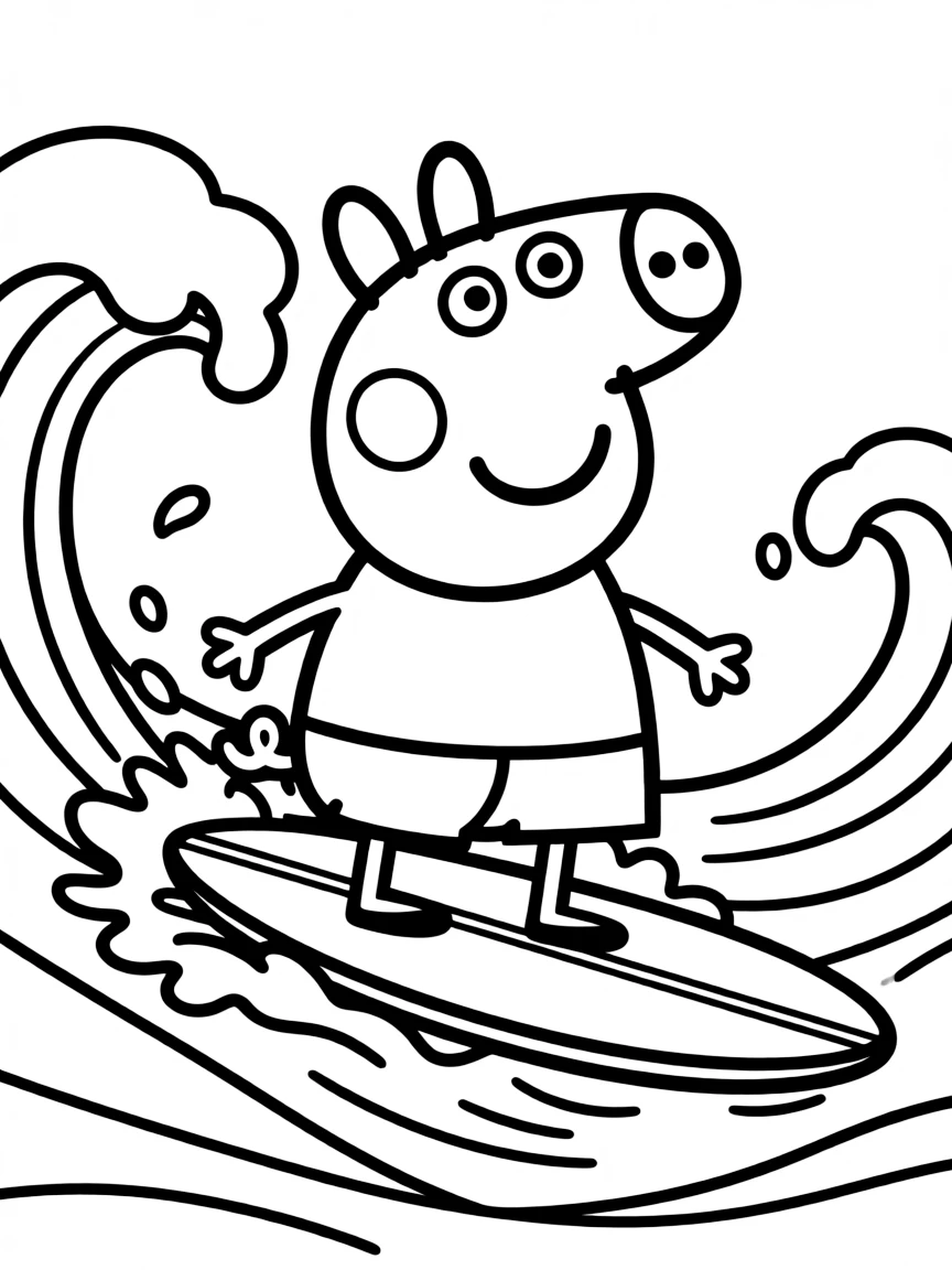 Peppa Pig surfing on waves, with big bold outlines for easy coloring.