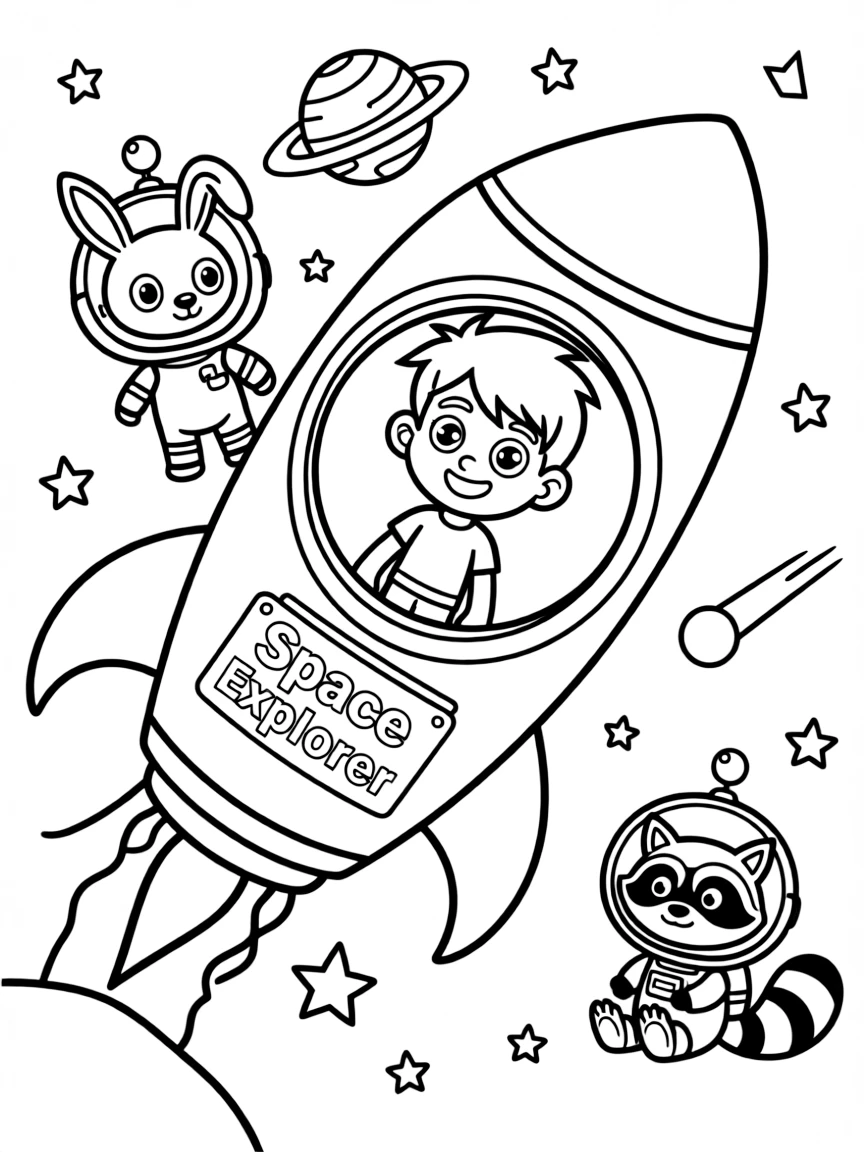Ben 10 exploring space in a rocket, surrounded by friendly animals.