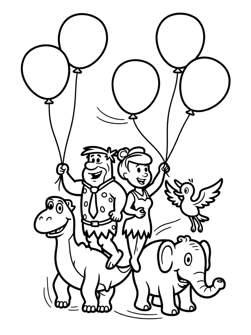 The Flintstones flying with balloons, surrounded by friendly animals.