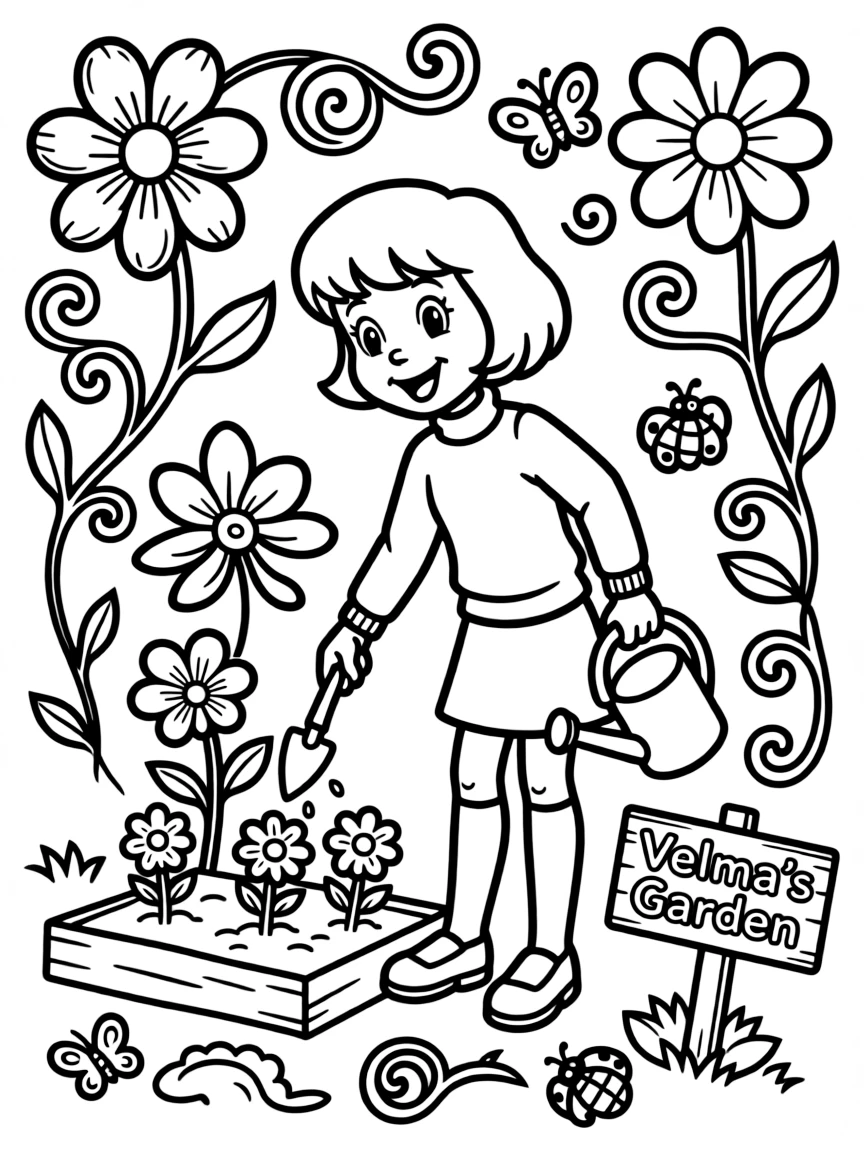Velma gardening, with playful patterns around.