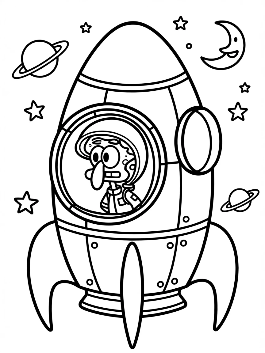Squidward Tentacles exploring space in a rocket, with big bold outlines for easy coloring.