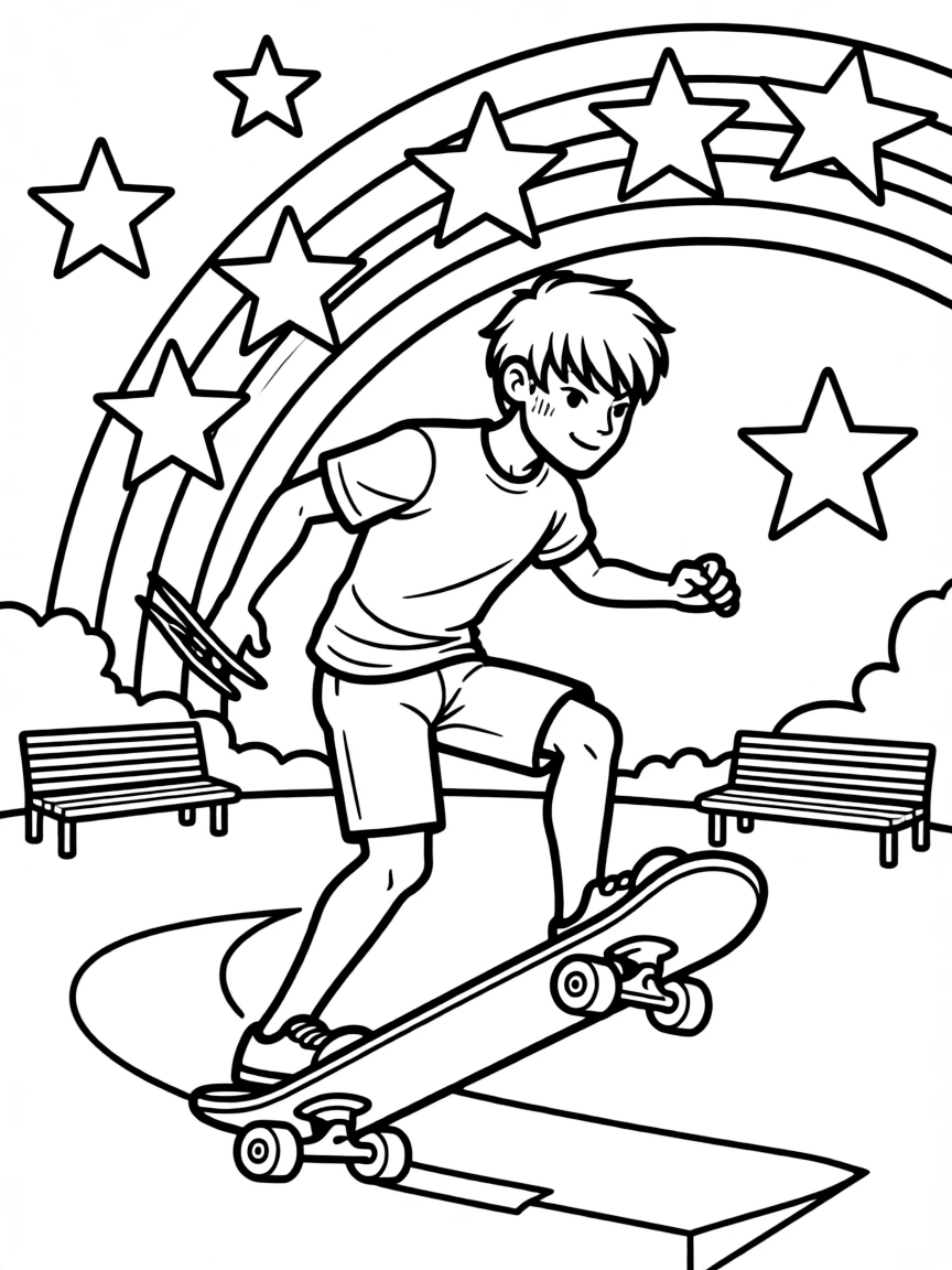 Wolverine skateboarding in the park, with stars and rainbows in the background.