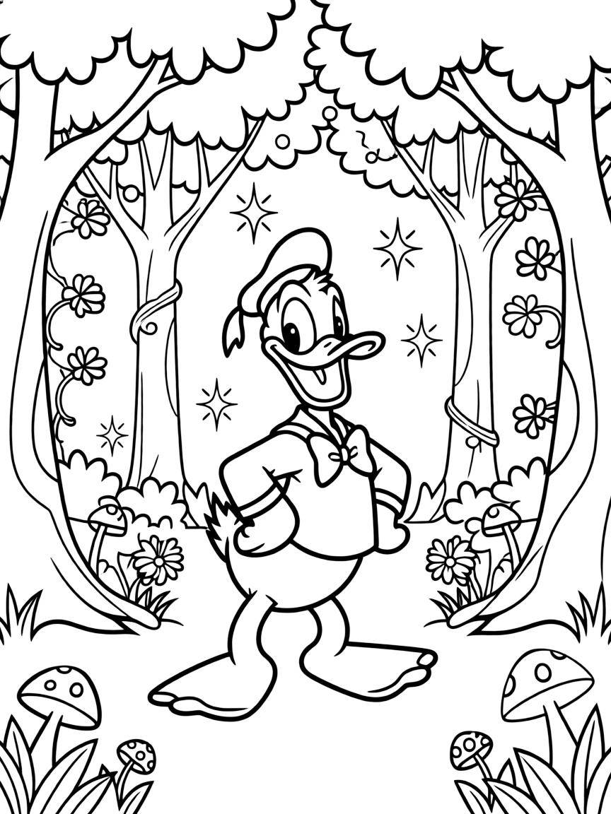 Donald Duck posing heroically, in a magical forest setting.