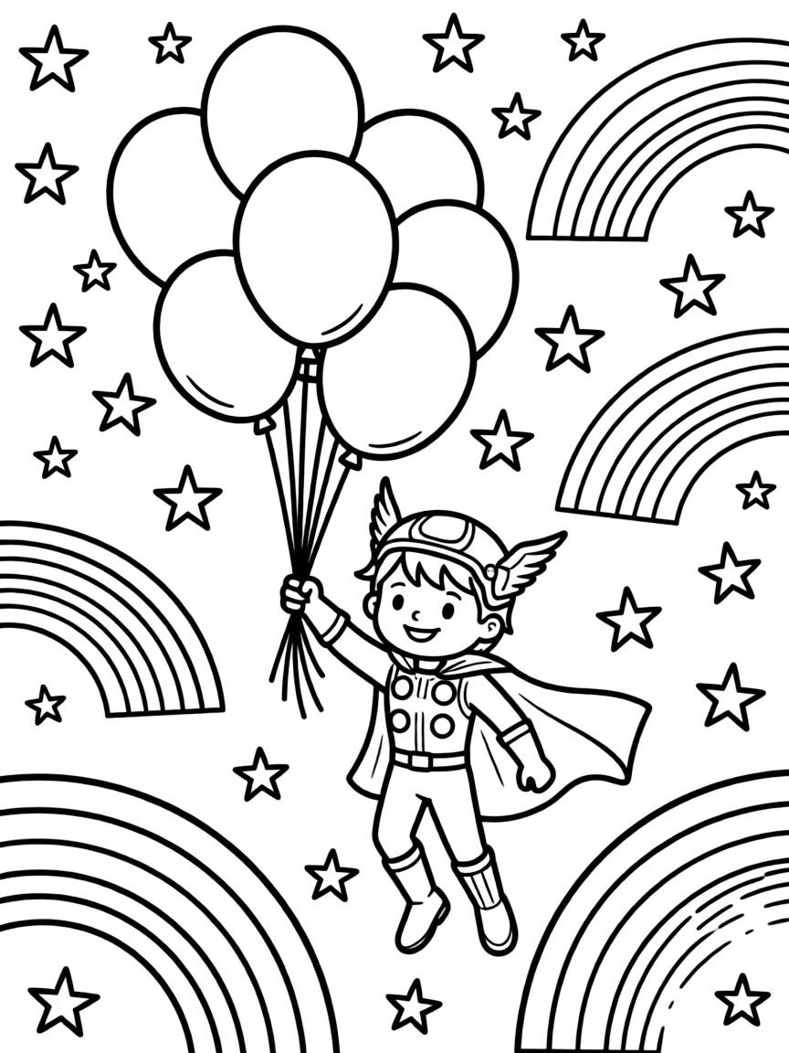 Thor flying with balloons, with stars and rainbows in the background.