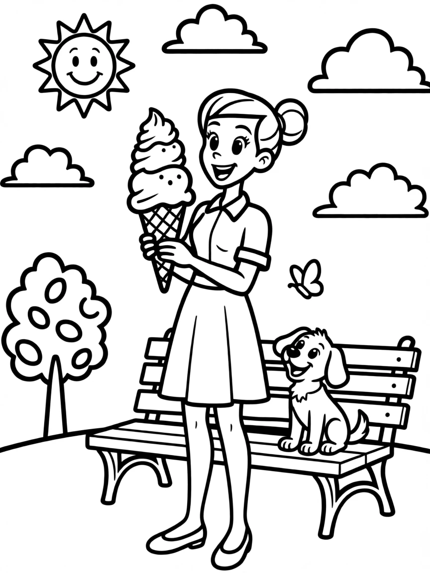 Olive Oyl enjoying an ice cream cone, with fun background elements.