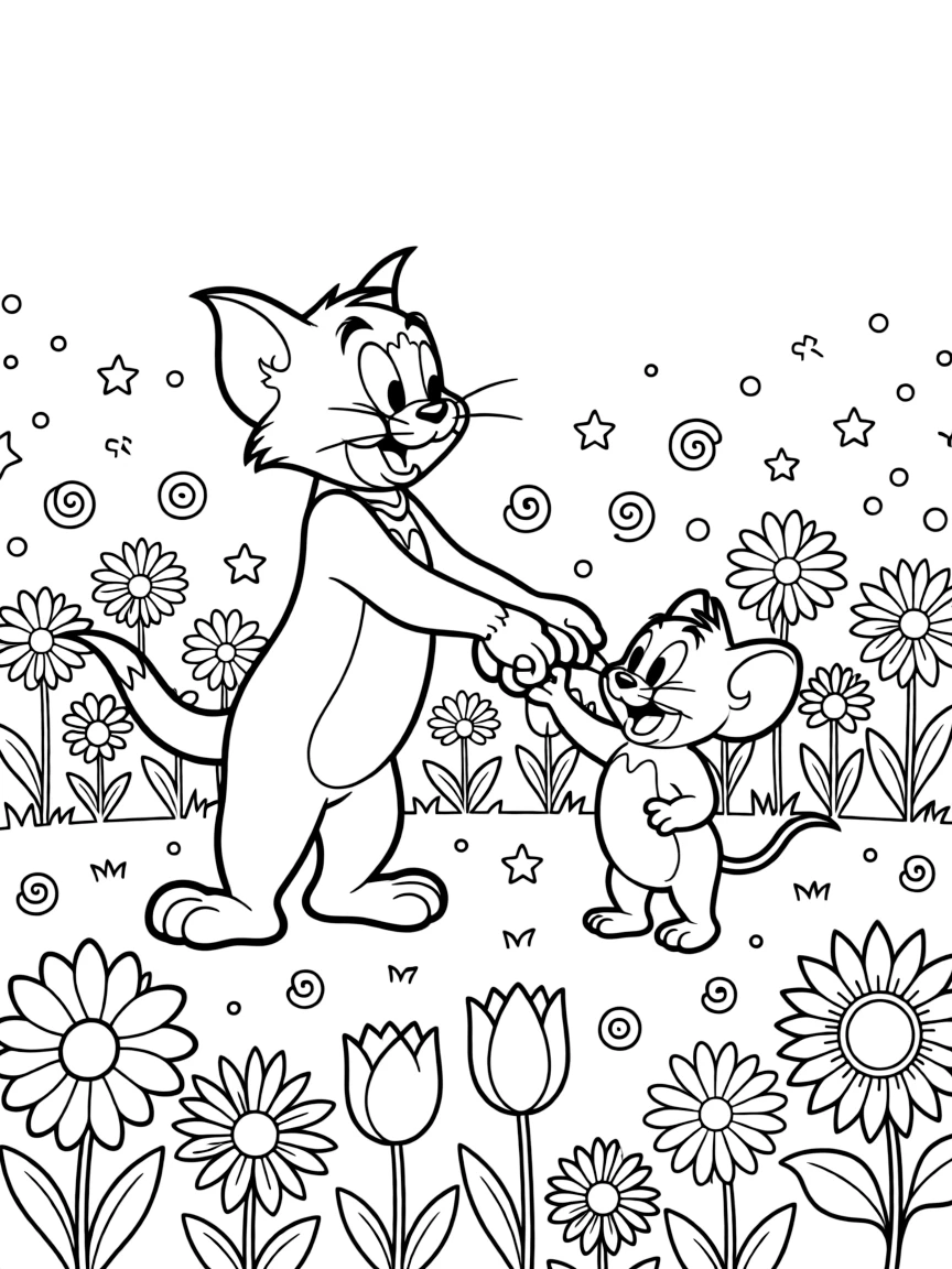 Tom and Jerry dancing in a field of flowers, with playful patterns around.