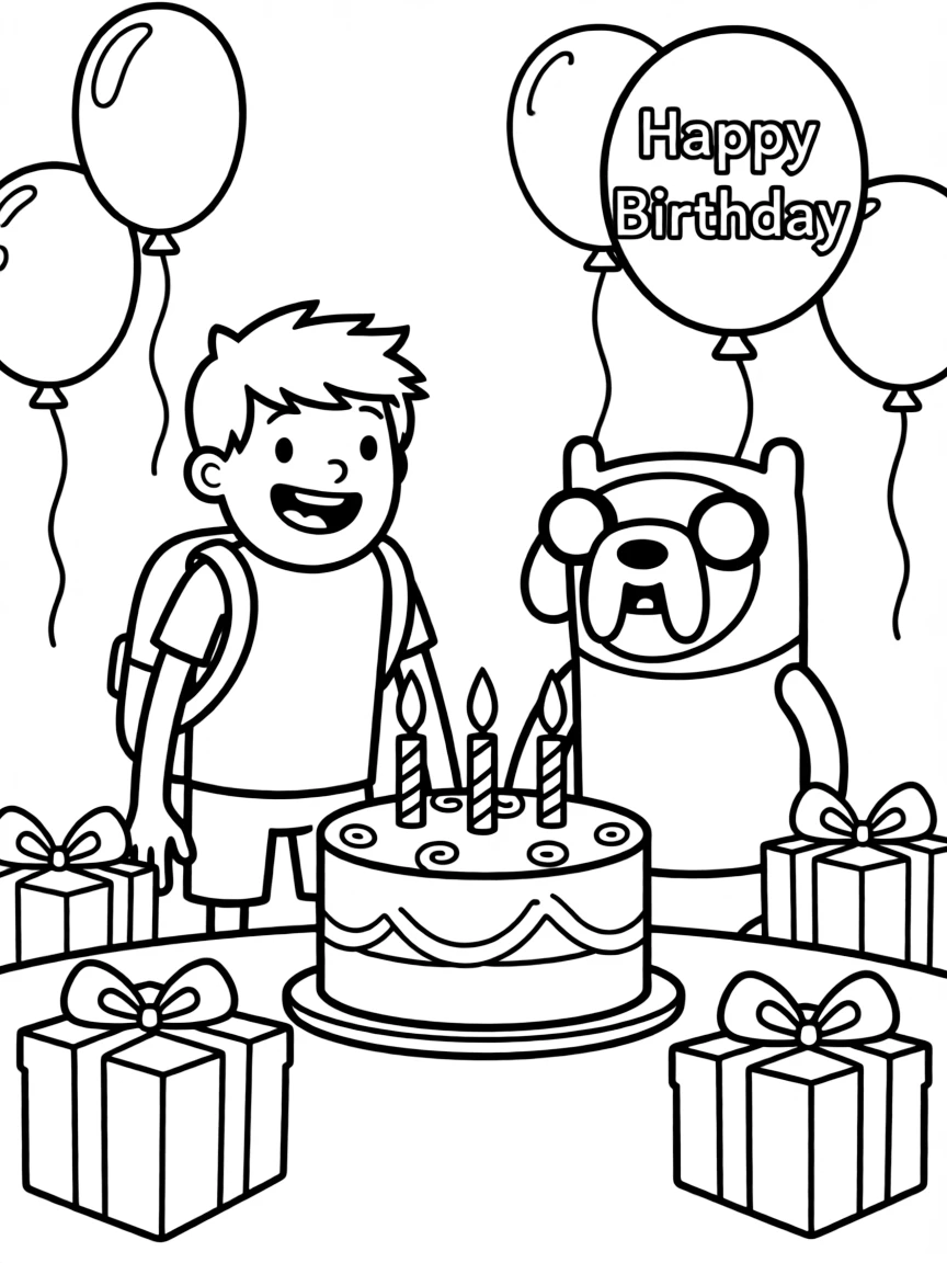Adventure Time celebrating a birthday, with big bold outlines for easy coloring.
