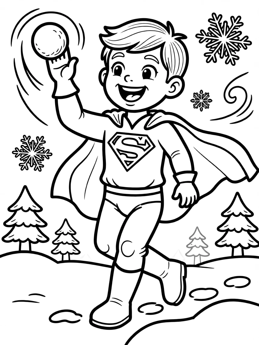 Superman playing in the snow, with playful patterns around.