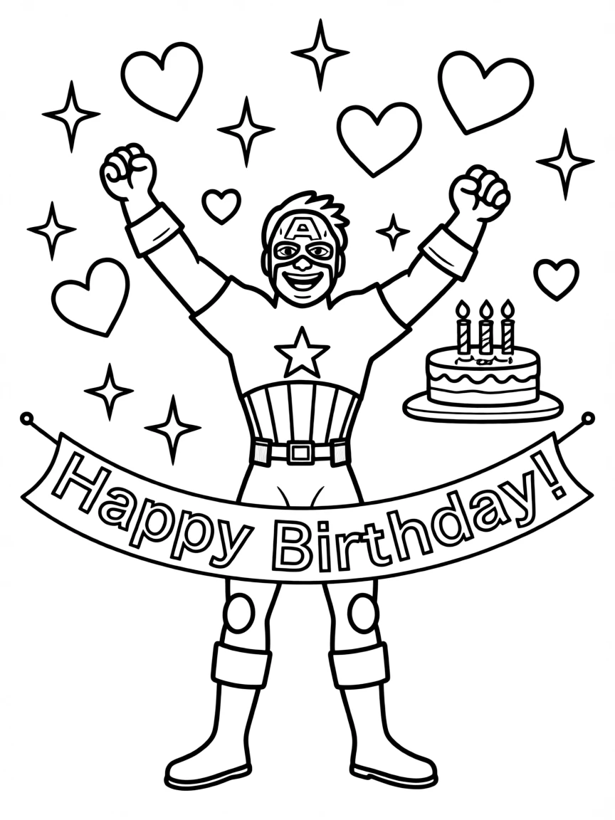 Captain America celebrating a birthday, with hearts and sparkles around.