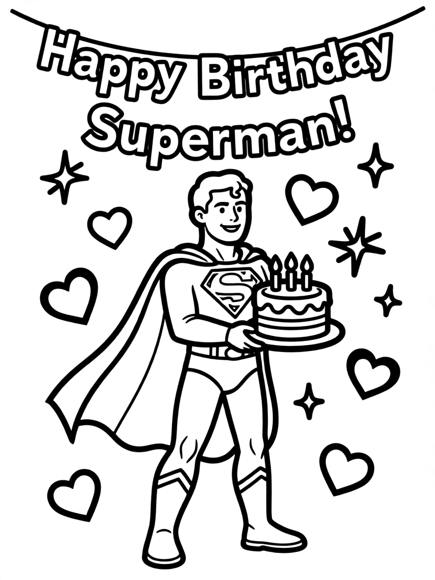 Superman celebrating a birthday, with hearts and sparkles around.