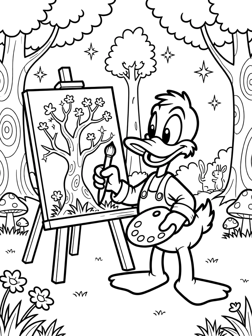 Daffy Duck painting a picture, in a magical forest setting.