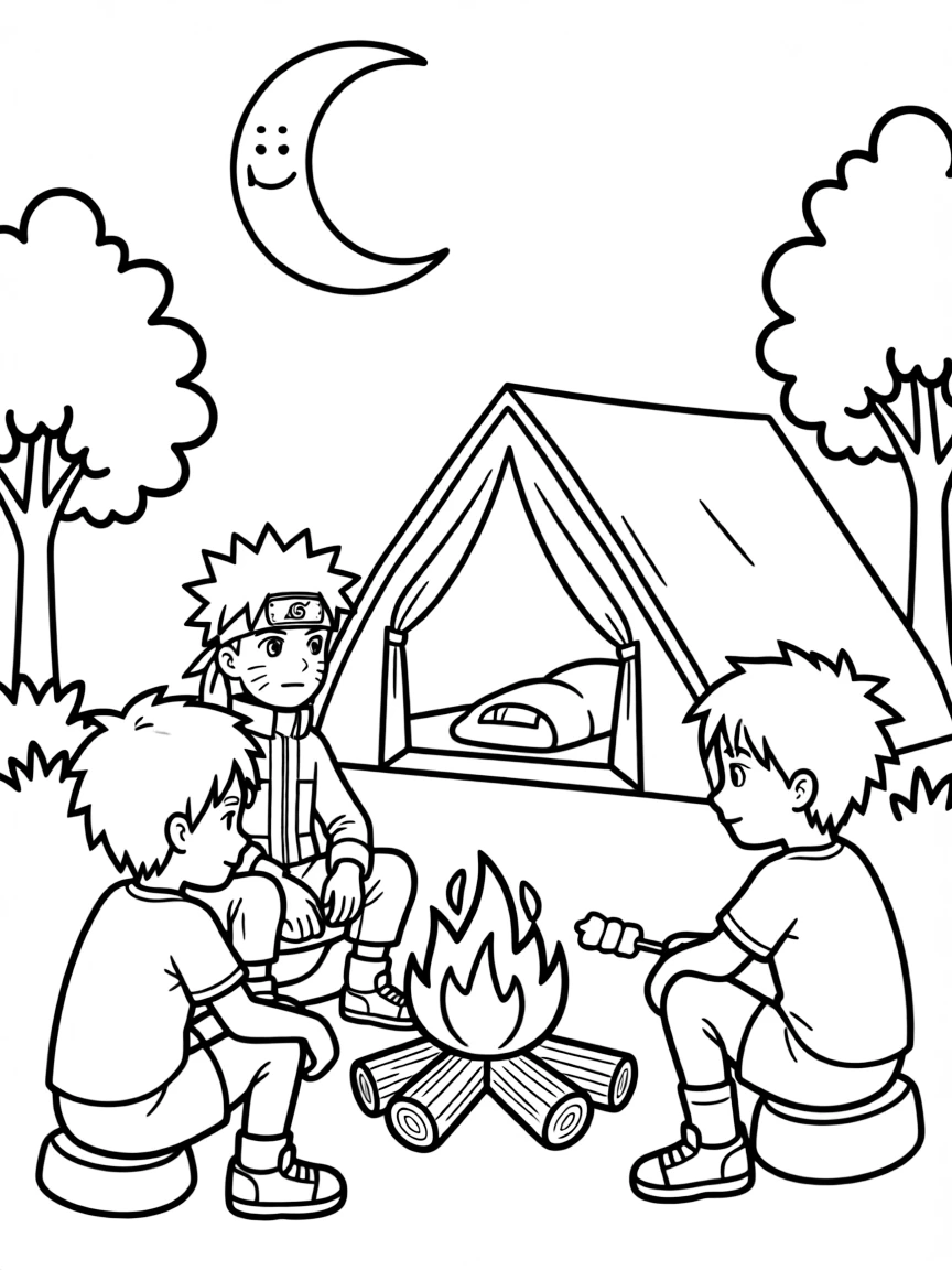 Naruto camping with friends, with big bold outlines for easy coloring.
