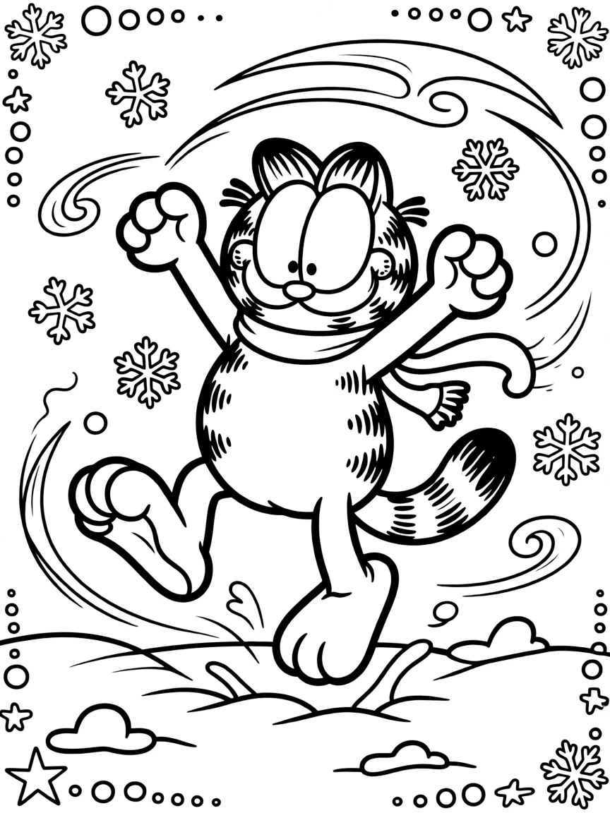 Garfield playing in the snow, with playful patterns around.