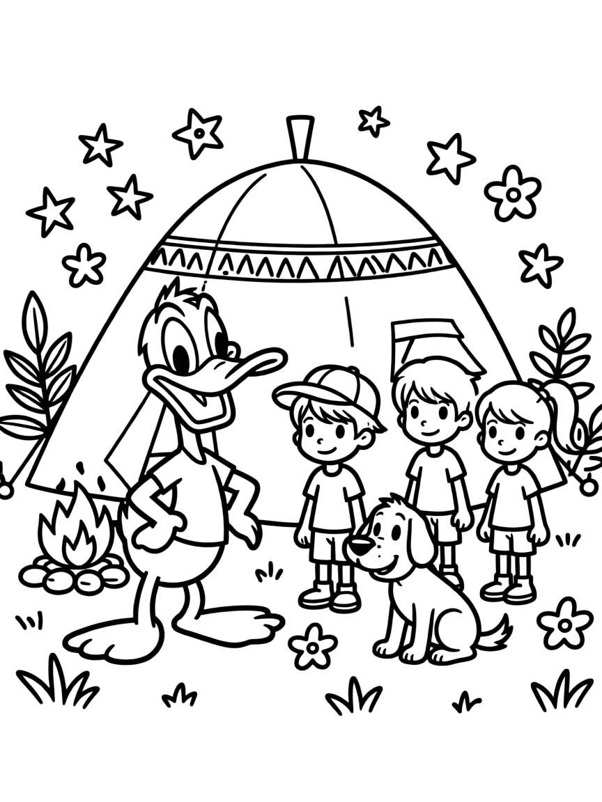 Daffy Duck camping with friends, with playful patterns around.