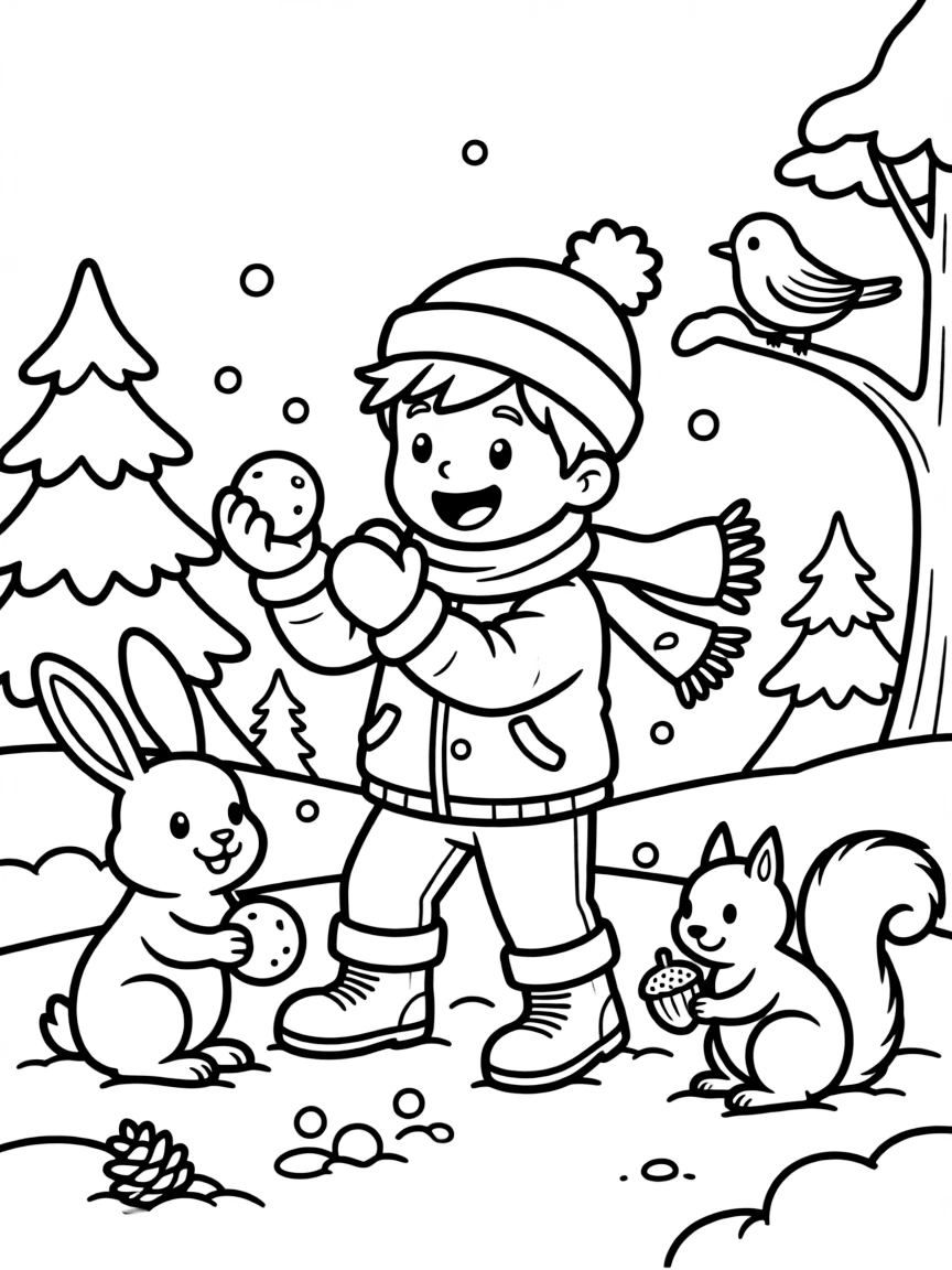 Fred playing in the snow, surrounded by friendly animals.