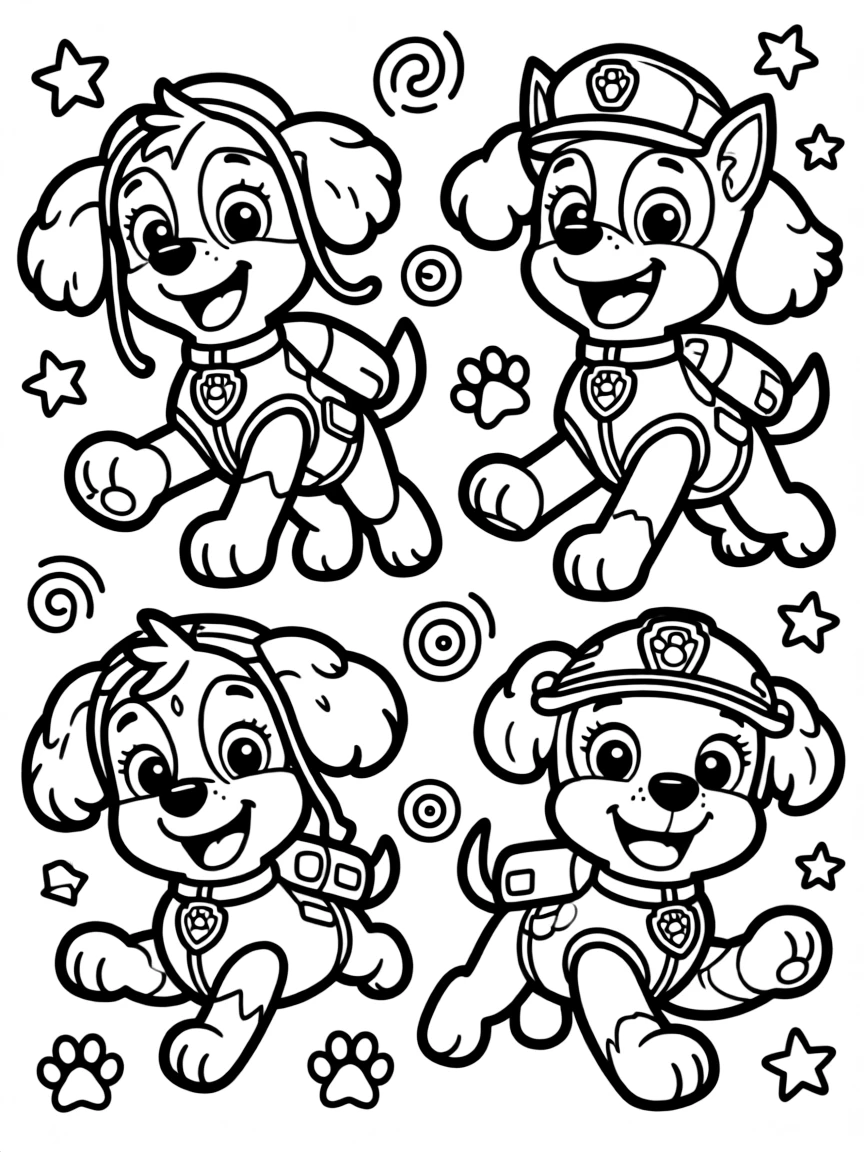 Paw Patrol jumping with joy, with playful patterns around.